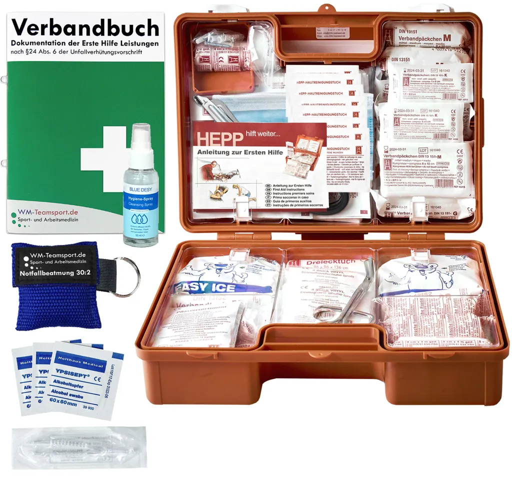 Erste-Hilfe-Koffer M2 PLUS für Betriebe ab 50 Mitarbeiter nach aktueller DIN/EN 13169 inkl. Verbandbuch & Hygiene-Spray